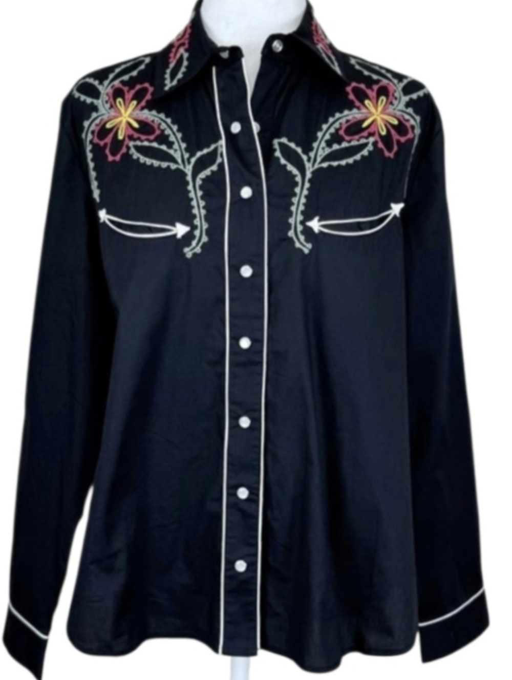 J.Peterman Cotton Floral Embroidered Western Snap Button Down Arrow Pockets Sz.S
